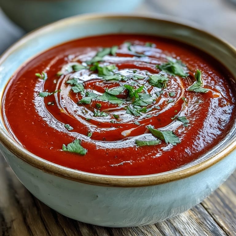 Spicy roasted red pepper soup paired with crusty bread for dipping on a warm kitchen table.
