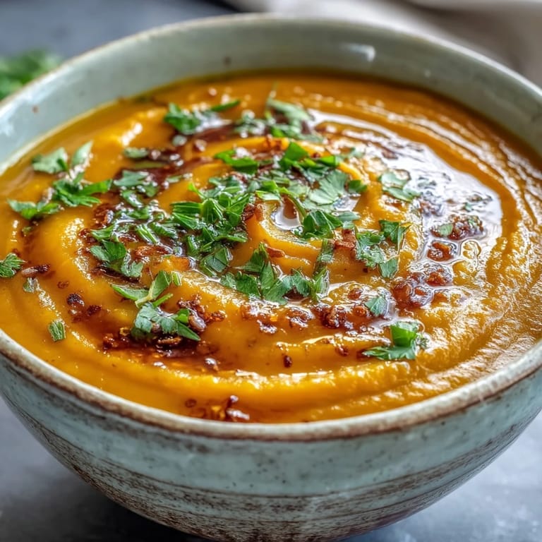 Vibrant orange Carrot and Lentil Soup, pureed until velvety, steaming in a rustic bowl with golden spices visible.