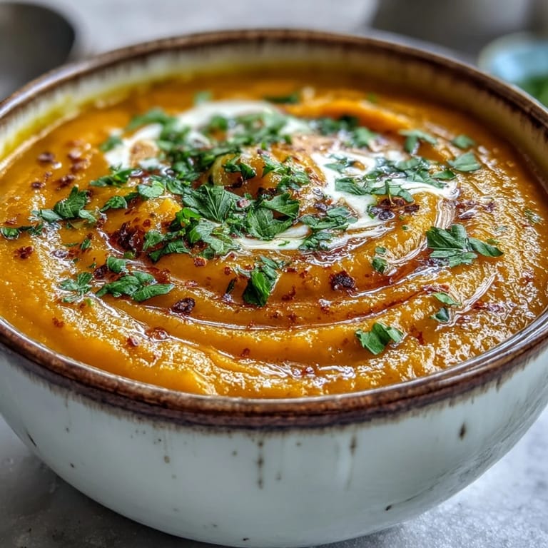 Freshly blended Carrot and Lentil Soup in a white bowl, garnished with herbs, perfect for a cozy vegan dinner.