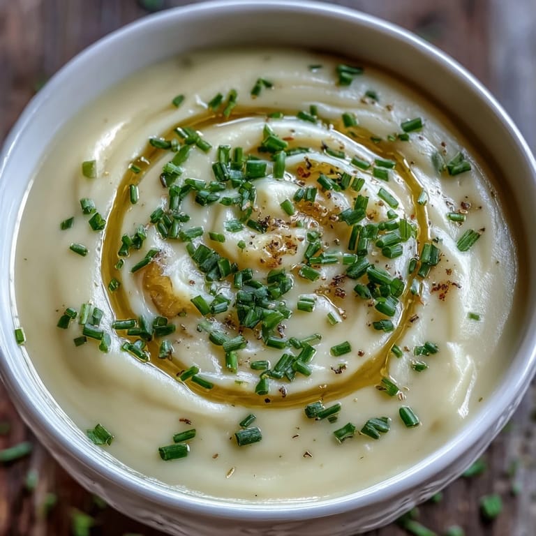 A close-up of smooth Potato Leek Soup with a wooden spoon beside it on a textured table.