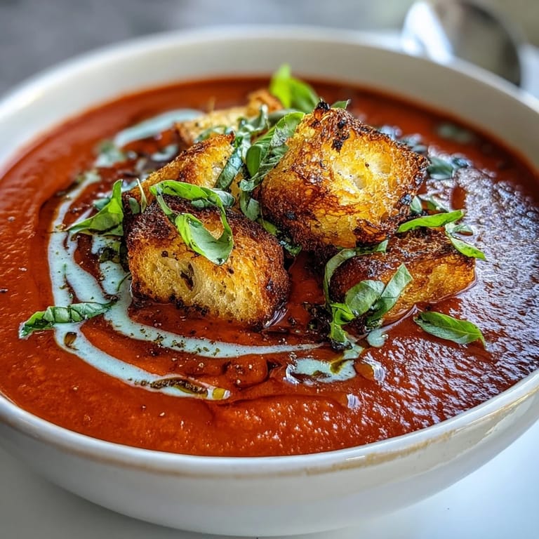 Velvety roasted tomato soup swirled with cream, served steaming hot in a white bowl, perfect for cozy evenings.