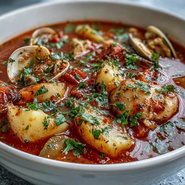 A ladle of homemade Manhattan Clam Chowder pours into a rustic bowl, garnished with fresh parsley and served with crusty bread.