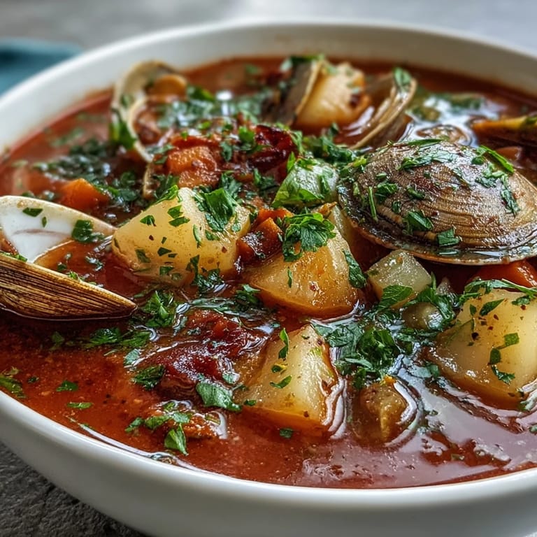 Close-up of Manhattan Clam Chowder showing colorful carrots, celery, and potatoes mingling with fresh clams in a vibrant red broth.