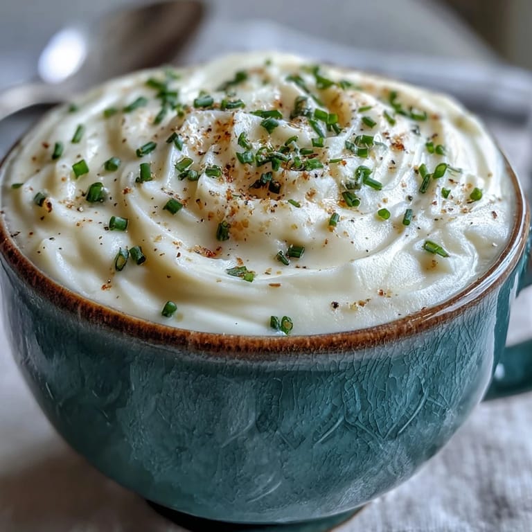 Velvety Cream of Potato Soup topped with melted cheddar and bacon, served steaming hot next to crusty bread.
