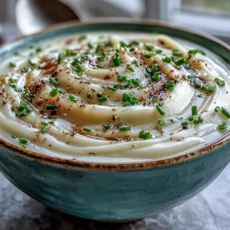 Smooth Cream of Potato Soup swirled with heavy cream in a white bowl, dusted with nutmeg and fresh herbs.