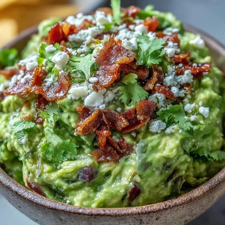 A spoon serves up creamy Bacon Guacamole With Cotija Cheese, loaded with diced tomatoes, onions, and jalapeños beside a basket of chips.