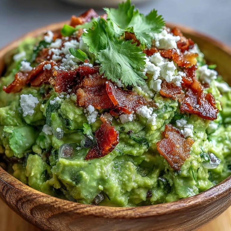 A rich Bacon Guacamole With Cotija Cheese is sprinkled with fresh cilantro, ready for scooping at a festive party appetizer spread.