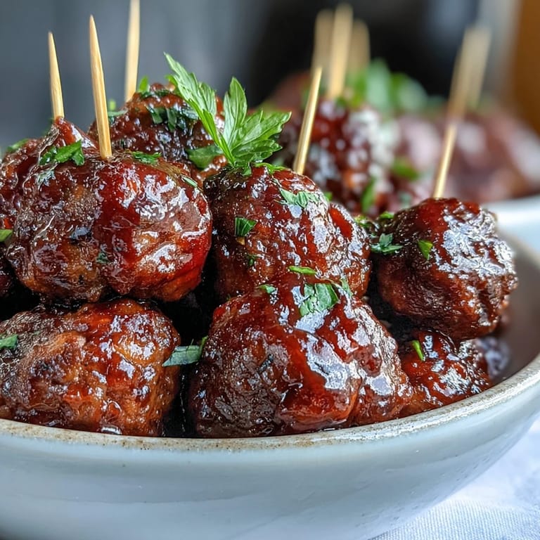 Appetizing grape jelly chili sauce meatballs, bubbling hot, ready to serve at any gathering.