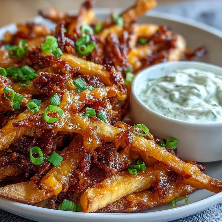 A casual snack platter of Cheesy BBQ Fries with Ranch Dip, garnished with parsley, ready for a game day gathering.