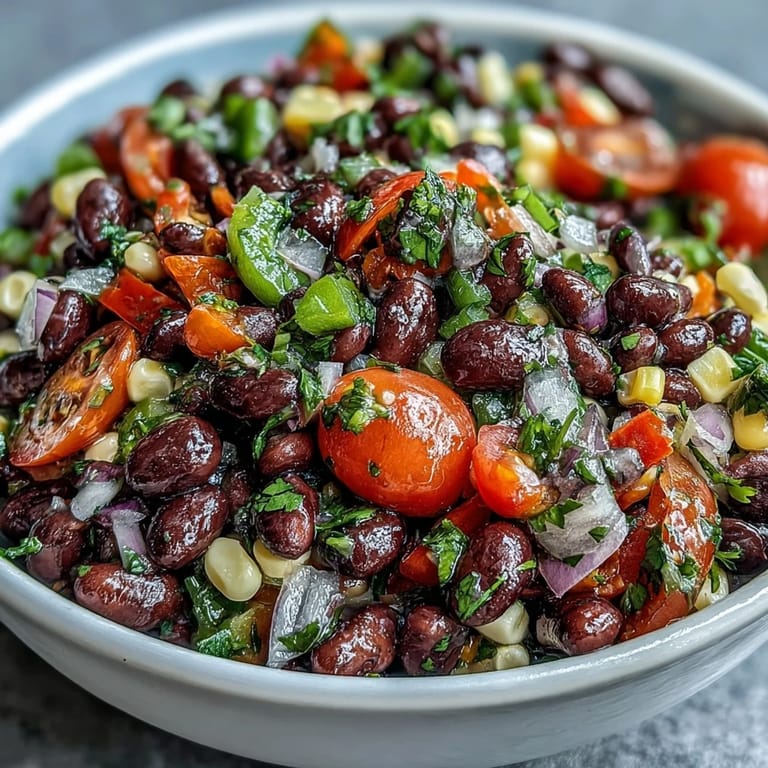 Glistening Cowboy Caviar studded with black beans and bright bell peppers, ready to serve.