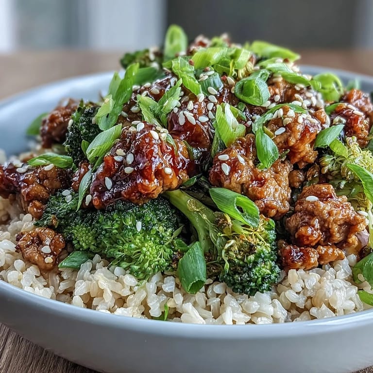 Healthy ground turkey and broccoli rice bowl drizzled with a sticky, fiery Asian-inspired sauce, perfect for a quick 30-minute weeknight meal.