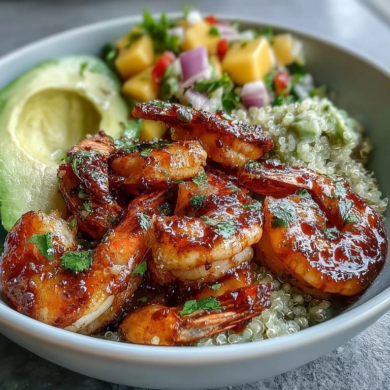 Colorful bowls of smoky grilled shrimp, creamy avocado, and bright mango salsa, garnished with lime wedges for a zesty finish.