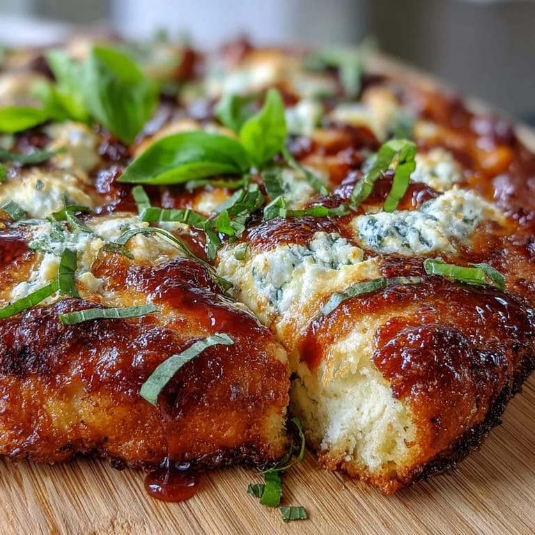 A close-up of a bubbly Hot Honey Ricotta Pizza slice with spicy drizzle.