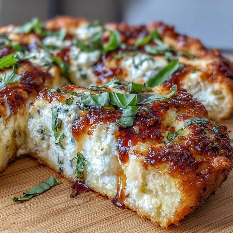 Fresh basil and spicy honey drizzle topping a Hot Honey Ricotta Pizza.
