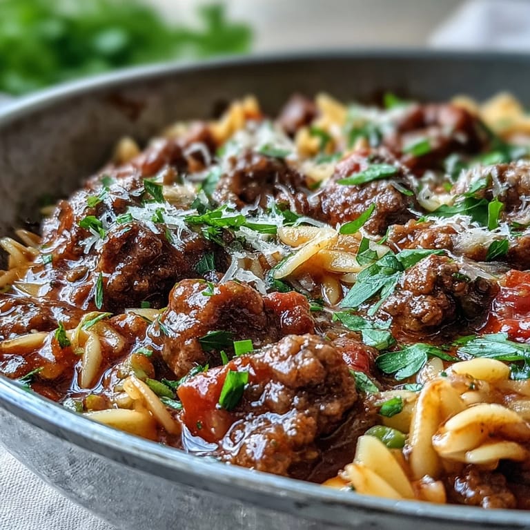 Close-up of bubbling Comforting Ground Beef Orzo Dinner with tender orzo, ground beef, bell peppers, and sweet peas.