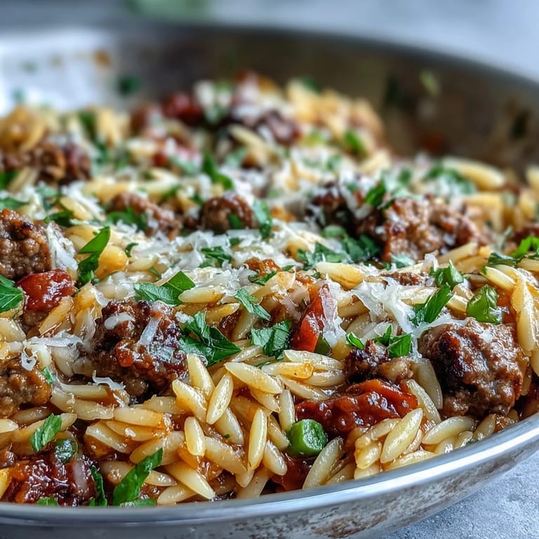 Family-style skillet of savory Comforting Ground Beef Orzo Dinner garnished with herbs, ready for a busy weeknight meal.