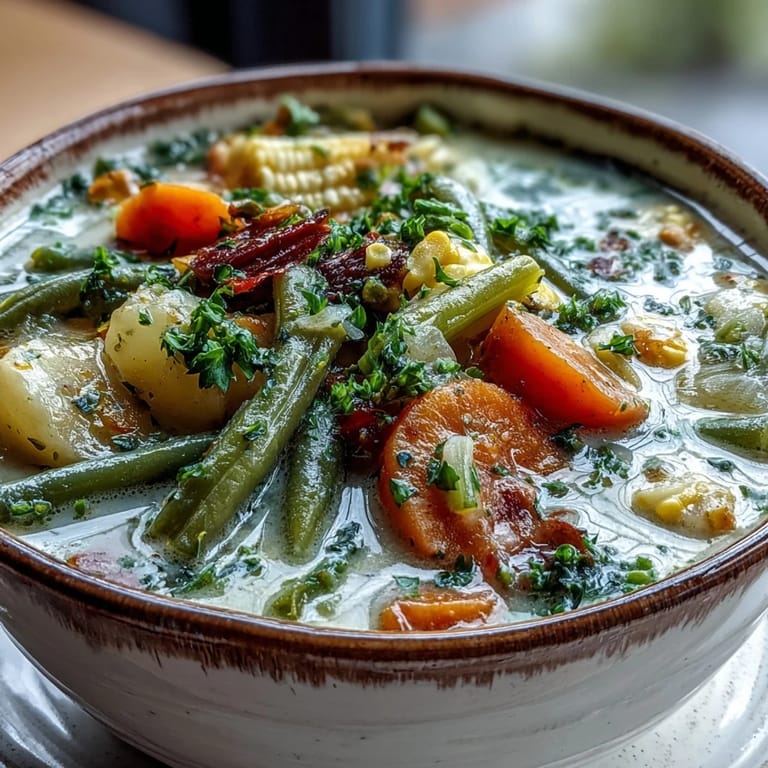 A ladle pours rich Amish Snow Day Soup into a bowl, revealing tender potatoes, corn, and green beans.