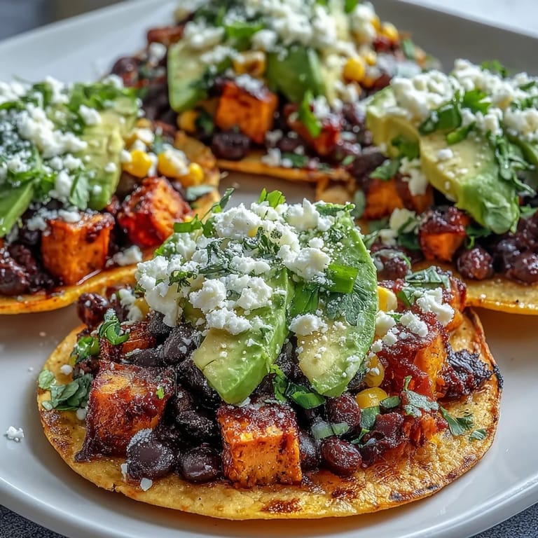 Crisp gluten-free tostada shells hold seasoned black beans, caramelized sweet potatoes, avocado, and feta, ready for a vibrant lunch.