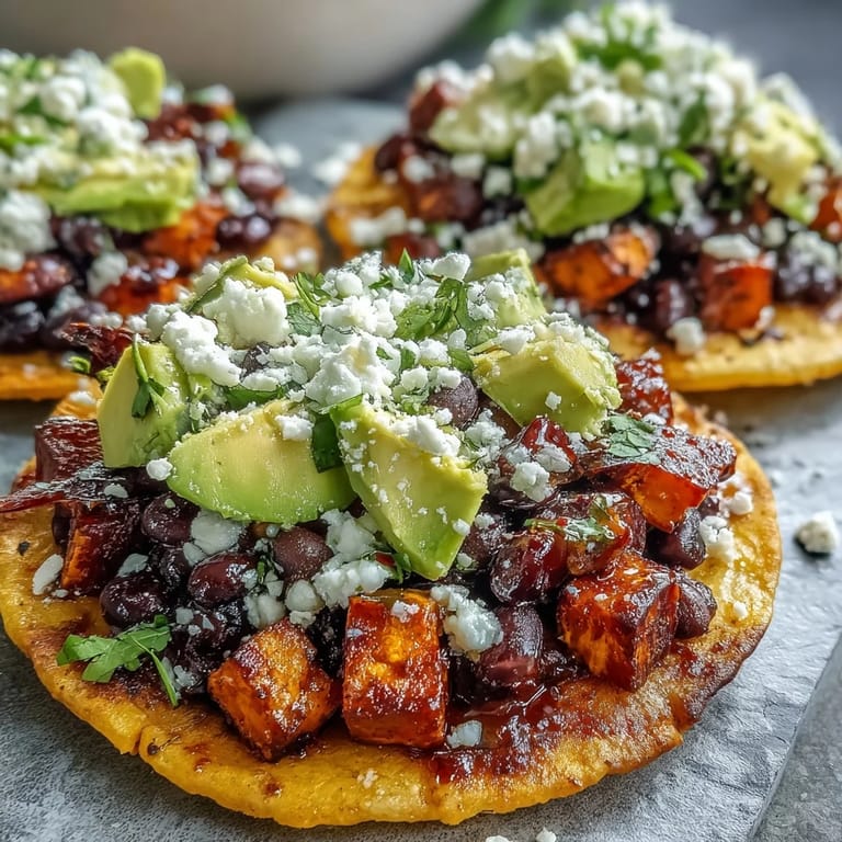 Fresh cilantro and lime-dressed black beans pair with tender sweet potatoes on crunchy tostadas, topped with avocado and feta.