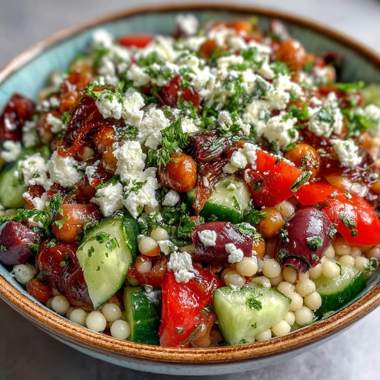 A bowl of Mediterranean Pearl Couscous, colorful vegetables, tangy dressing, and crumbled feta, perfect for lunch.