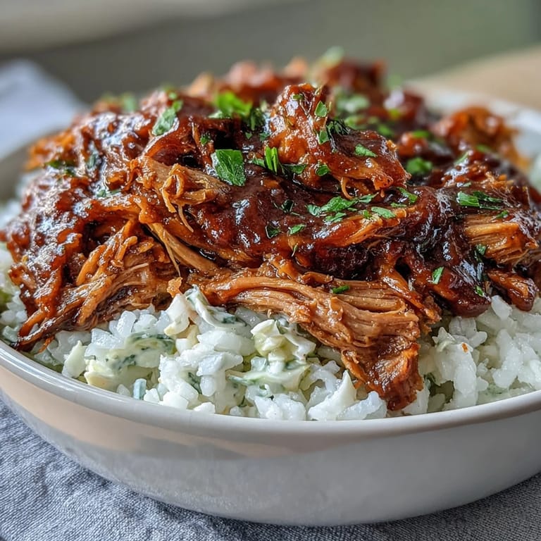 Savory Pulled Pork Bowl served with a fork, showcasing juicy pork and crunchy slaw, perfect for a family dinner.