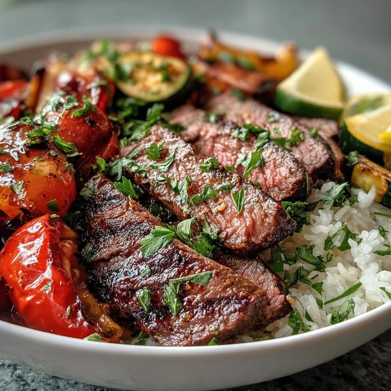 Golden roasted vegetables and tender, medium-rare steak slices are arranged over steaming jasmine rice for an easy, flavorful one-pan meal.  