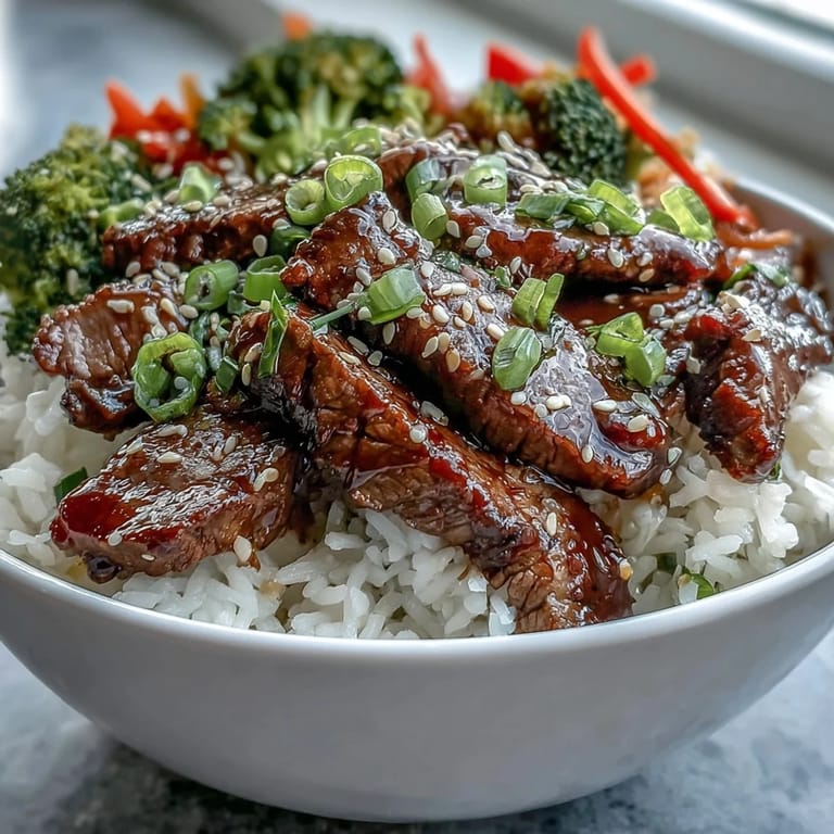 Flavorful Teriyaki Beef Bowl topped with glazed beef, sautéed bell peppers and broccoli, and spring onions over steamed white rice.