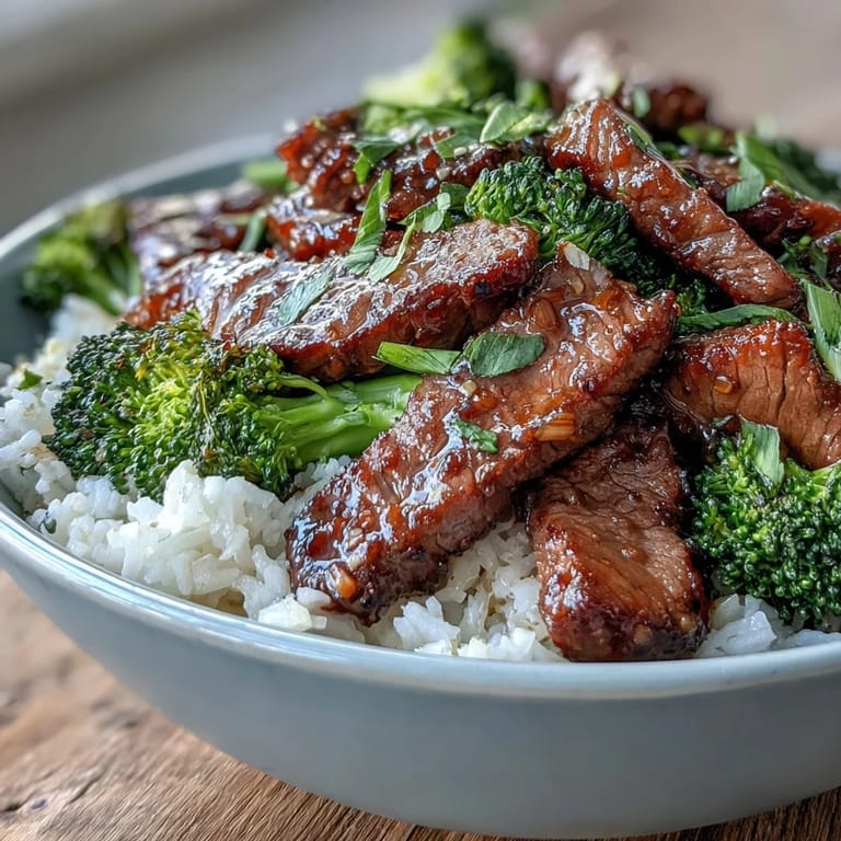 Hearty Beef and Broccoli Bowl featuring saucy beef, bright green broccoli florets, and steamed jasmine rice for a balanced meal.