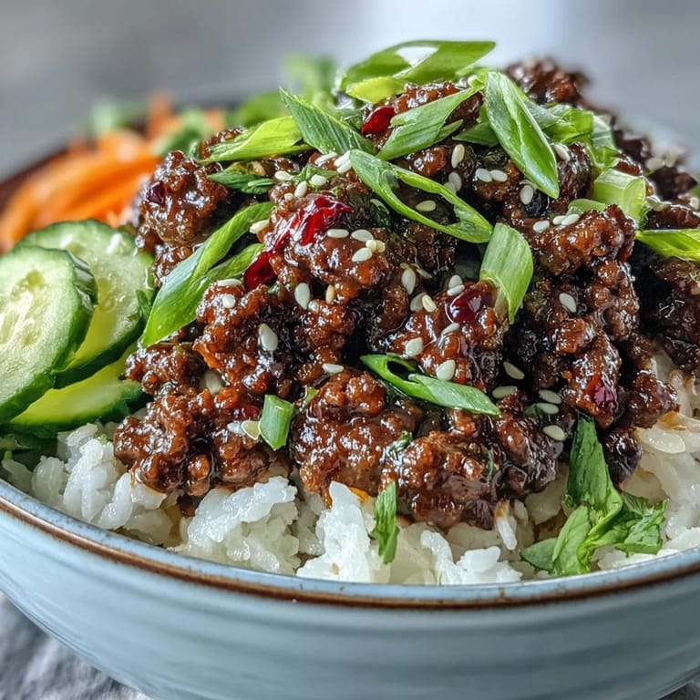 Savory Korean Ground Beef Bowl with tender beef, tangy quick-pickled vegetables, and a sprinkle of green onions for a healthy, gluten-free meal.