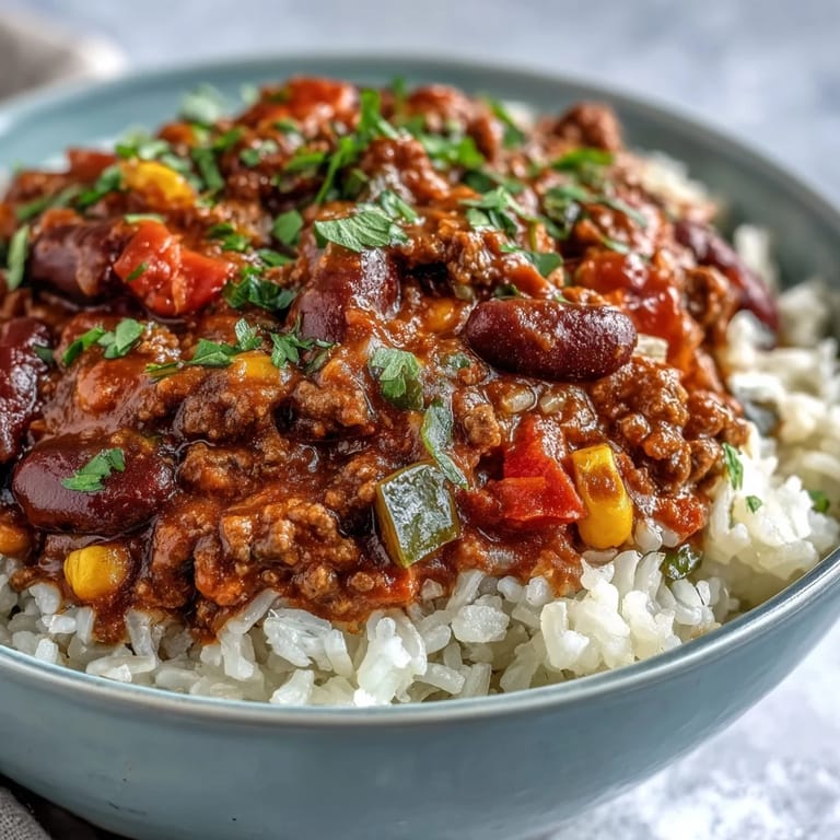 Hearty Chili Bowl Base simmering in a pot with diced peppers and beans, ready to be served.