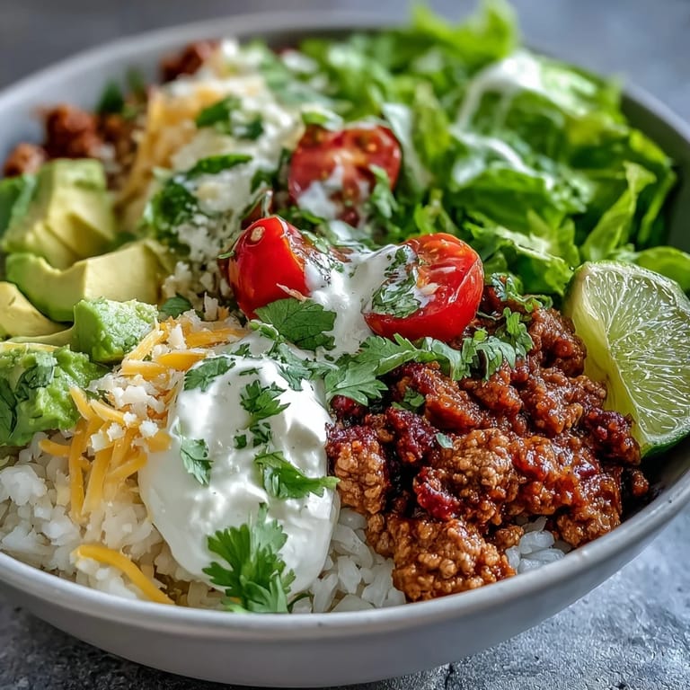A hearty Turkey Taco Bowl topped with avocado, cheese, and a squeeze of lime.
