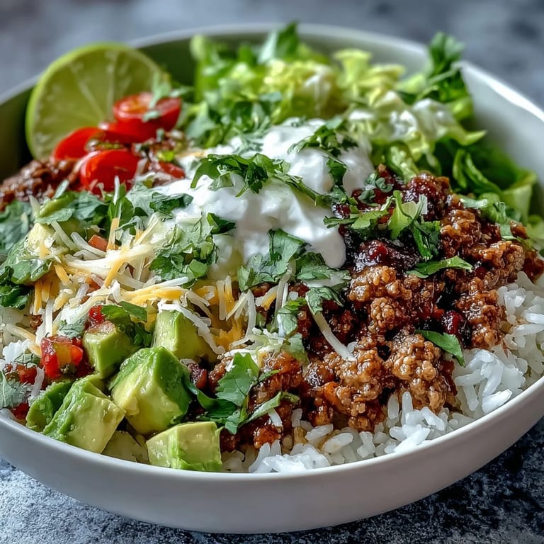 Colorful Turkey Taco Bowl with turkey, rice, and fixings, ready for a quick weeknight dinner.