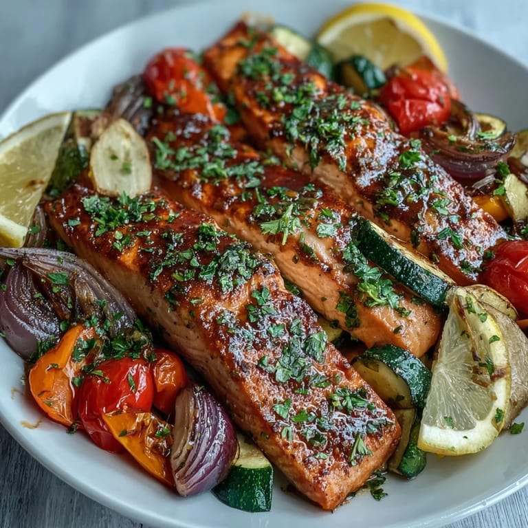 A close-up view of flaky Sheet Pan Salmon and Veggies Bowl with caramelized cherry tomatoes and zucchini.