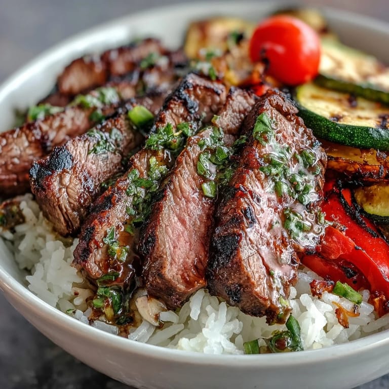 Colorful grilled steak bowl features sliced steak, roasted veggies, and chimichurri drizzled over a bed of fluffy rice.