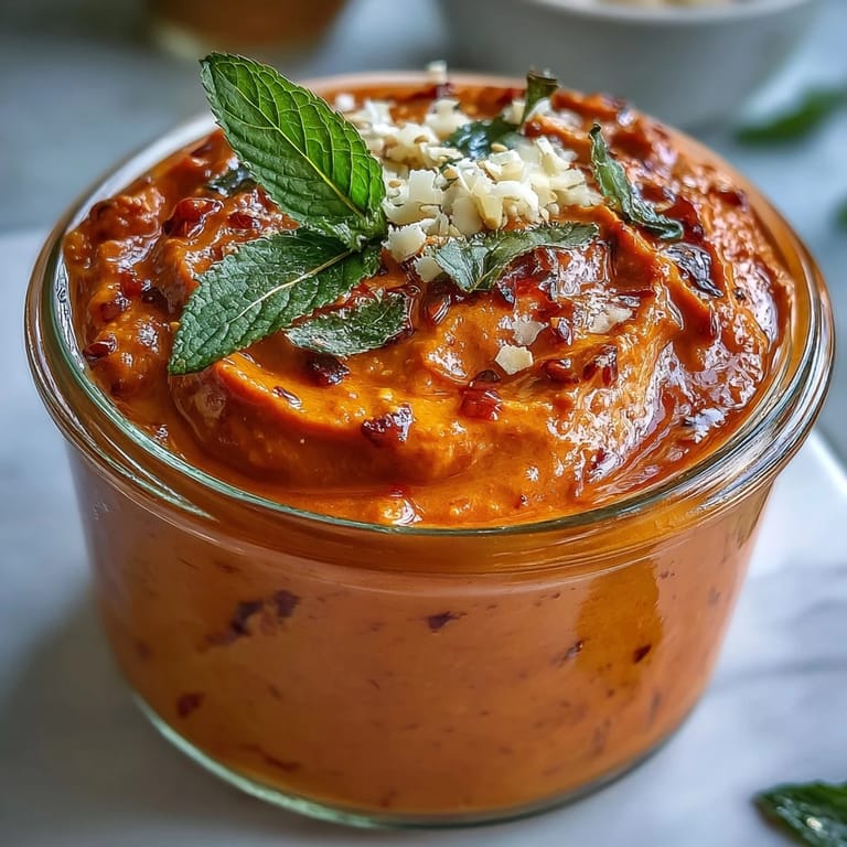 A textured close-up of smooth guava chutney topped with sizzling tempering of urad dal and dried red chili.