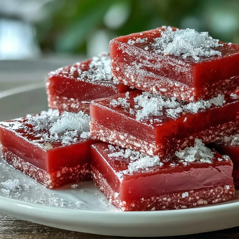 Freshly cut Guava Cheese squares show their smooth, thick texture on a rustic plate with a slice of lime nearby.