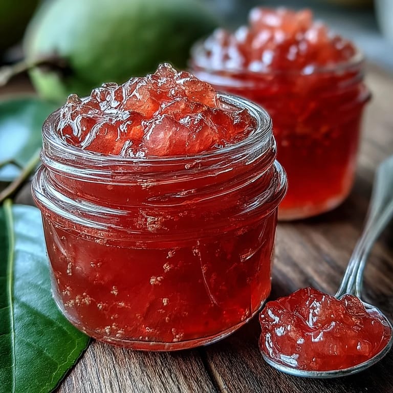 Homemade guava preserves glistening in a jar, a luscious condiment for breakfast toast or a cheese board.