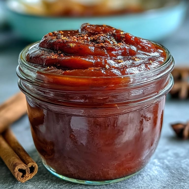 A glass jar of rich Guava BBQ Sauce from scratch, ready to serve with grilled tofu.