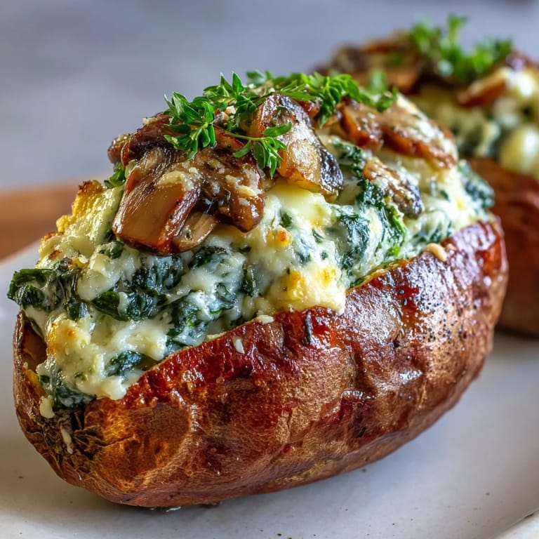 Vibrant orange Creamy Mushroom and Spinach Stuffed Sweet Potatoes served hot as a cozy vegetarian main dish.