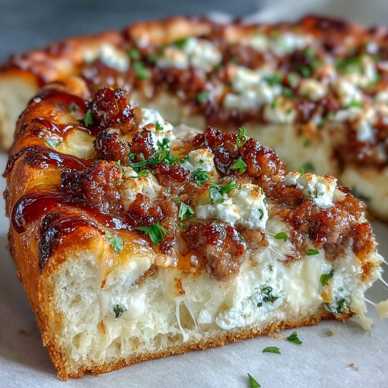 Sizzling Hot Sausage Feta Honey Pizza ready to serve, paired with a side of chili flakes and fresh basil.