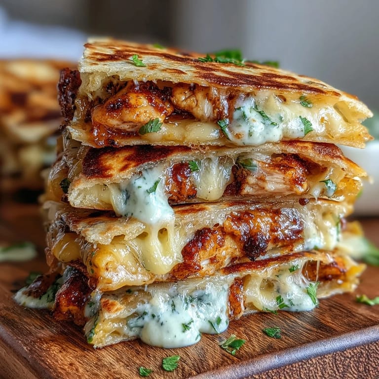 A skillet of sizzling Cheesy Hot Honey Chicken Quesadillas, filled with tender chicken and gooey cheese, garnished with fresh cilantro and a drizzle of hot honey.