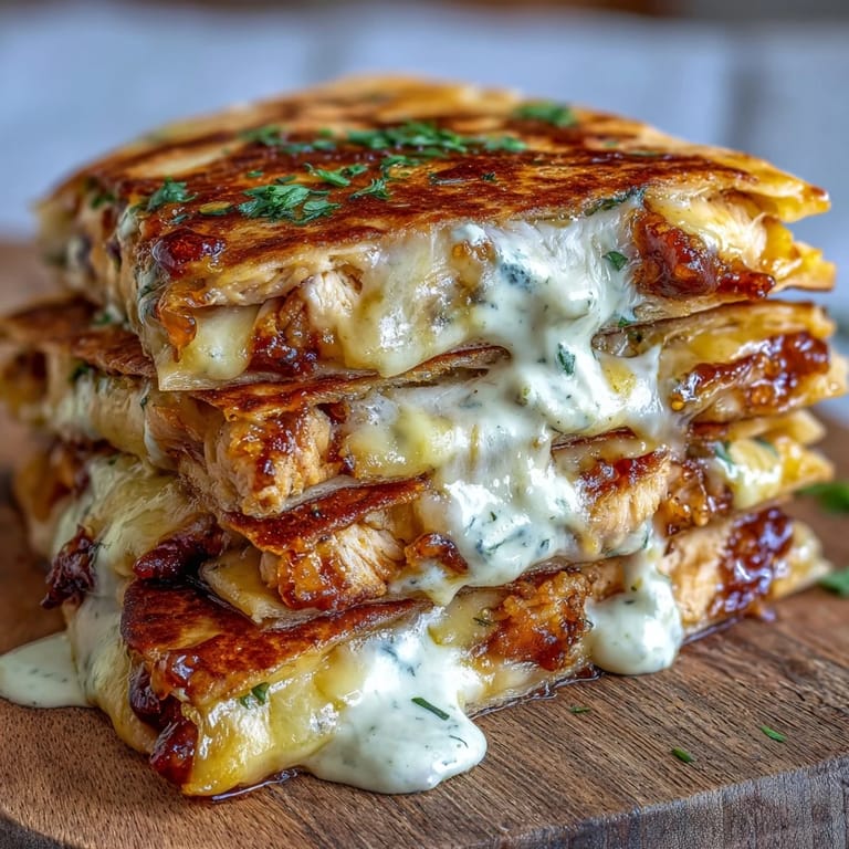 Overhead view of four golden Cheesy Hot Honey Chicken Quesadilla wedges served with a dollop of creamy jalapeño sauce on a rustic wooden board.