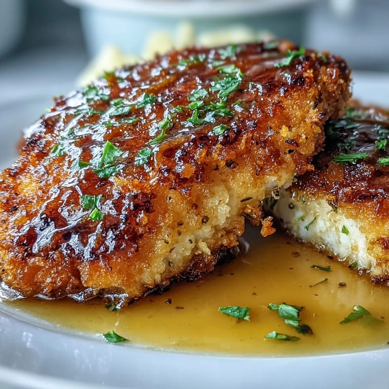 A close-up of crispy Lemon Parmesan Crusted Chicken drizzled with silky sauce and fresh parsley garnish.