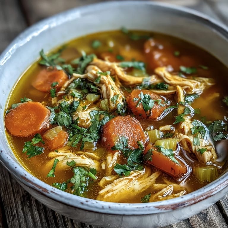 A pot of Anti-Inflammatory Turmeric Chicken Soup simmering with tender chicken, carrots, and celery in a golden broth.