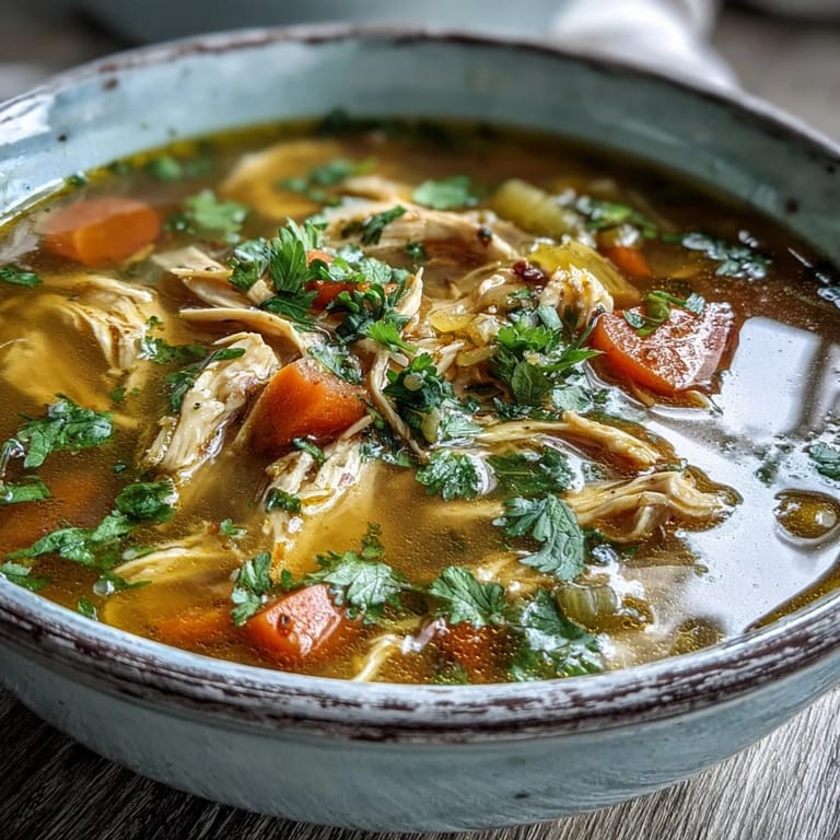 Creamy Anti-Inflammatory Turmeric Chicken Soup served in a rustic mug topped with parsley and a spoon ready to eat.
