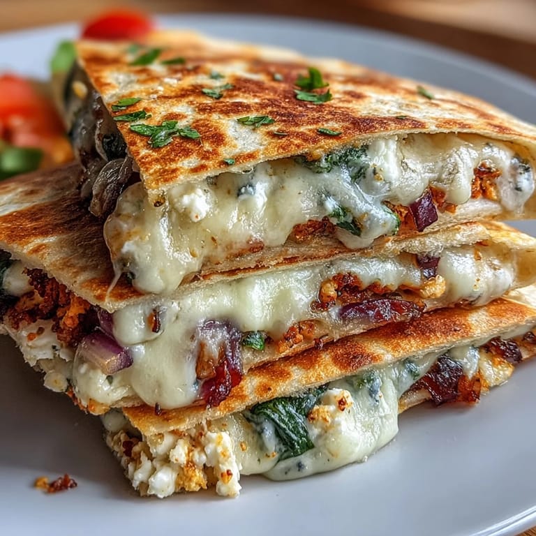 Freshly cooked vegetarian quesadillas featuring melted mozzarella and vibrant greens on a plate.