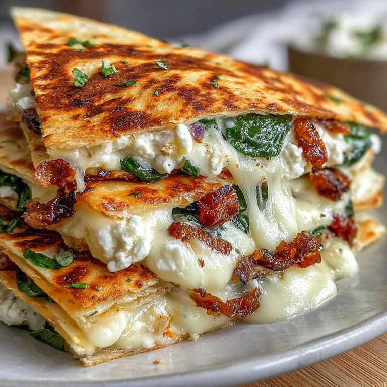 Warm spinach and feta quesadilla wedges, ready to serve with a side of tzatziki.