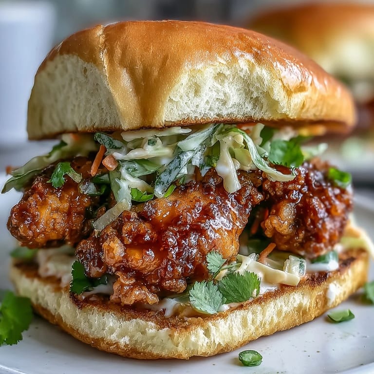 Overhead view of a Thai Fried Chicken Sandwich with shredded cabbage and fresh cilantro, ready to eat.