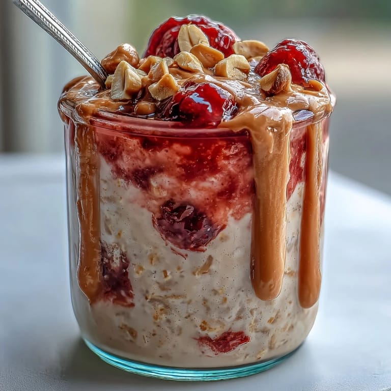 Glass jar holding High-Protein Peanut Butter & Jelly Overnight Oats, layered with creamy vanilla oats, rich peanut butter drizzle, and a sweet homemade strawberry jam.