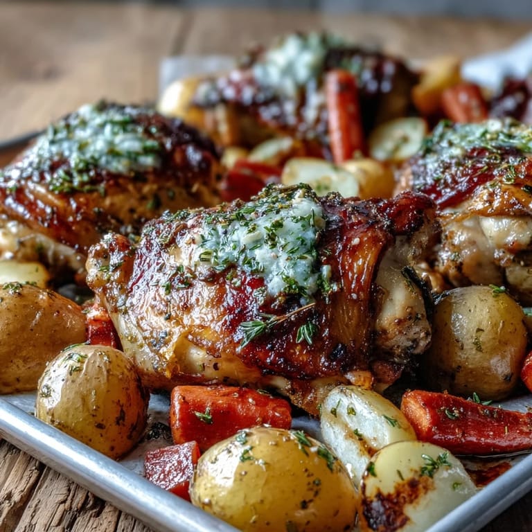 Roasted bone-in chicken thighs and seasoned vegetables for Crispy Ranch Sheet Pan Chicken & Veggies, garnished with fresh parsley on a tray.